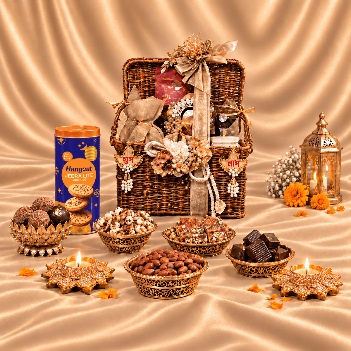 Shubhra Diwali Gift Hamper by Hangout Cakes with dry fruit cookies and almond & cashew chocolates