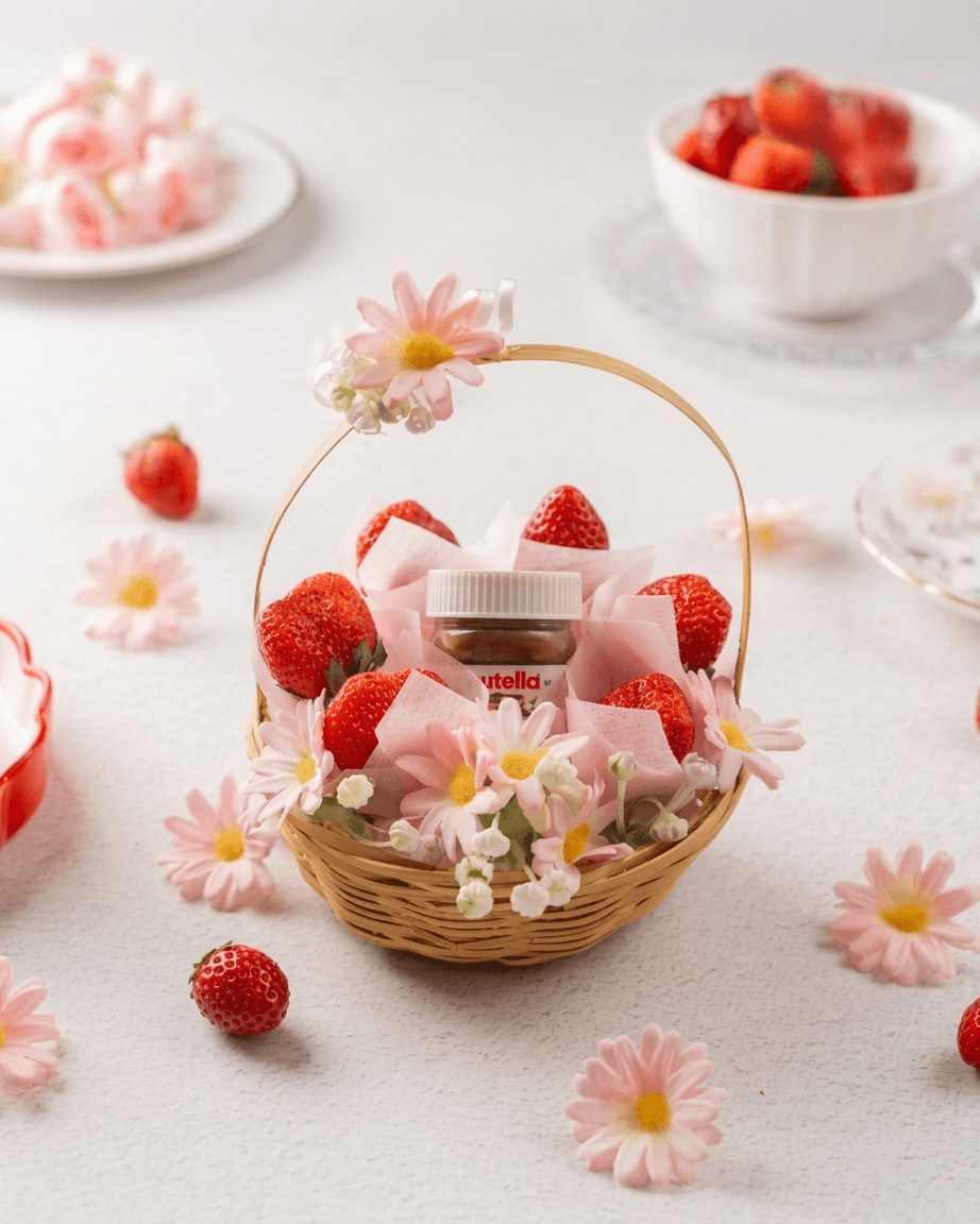 Fresh Strawberry With Nutella Jar Basket