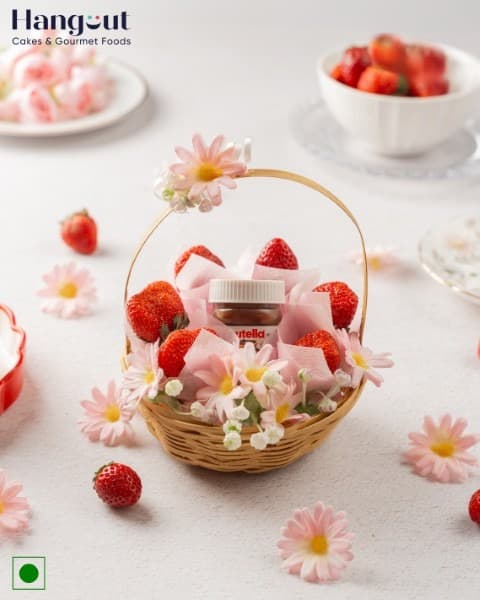 Fresh Strawberry With Nutella Jar Basket