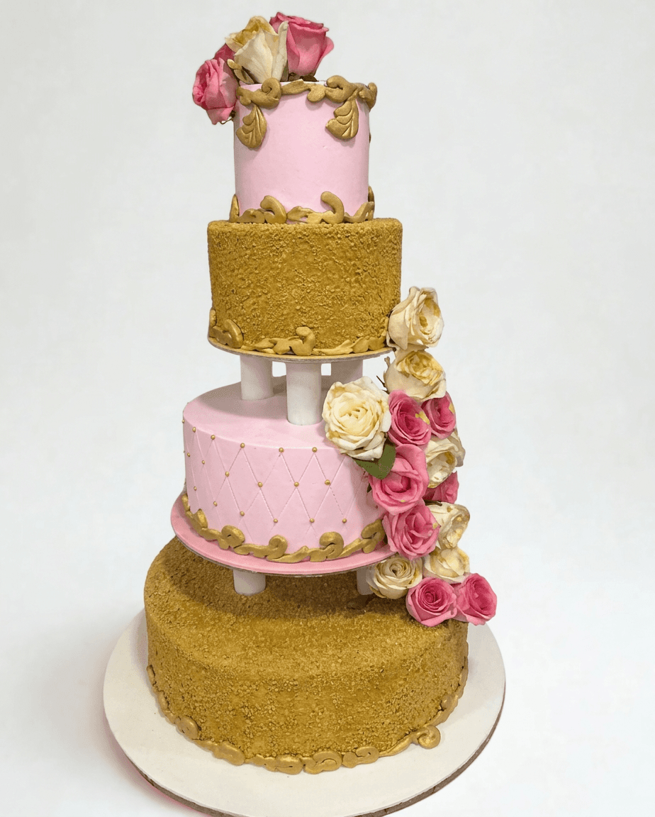 Luxury 4-Tier Pink & Gold Floral Cake