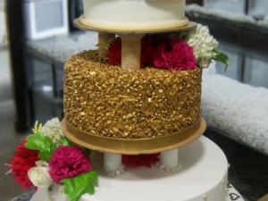 White & gold 3 tier wedding cake