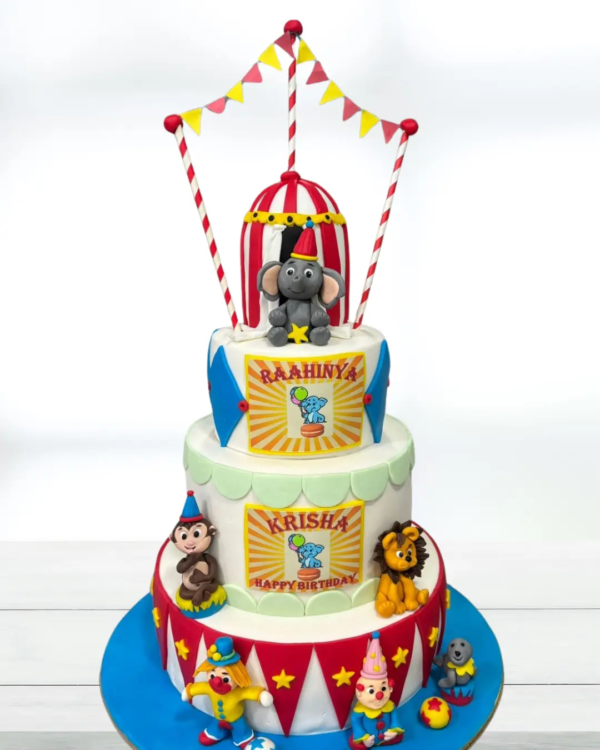 Colorful Circus Themed 3-Tier Birthday Cake design.