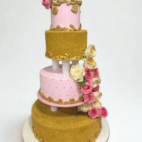 Luxury 4-Tier Pink & Gold Floral Cake